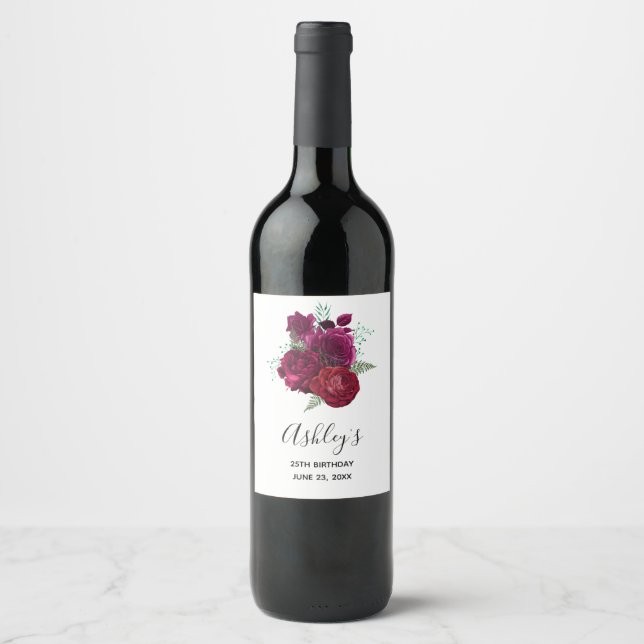 Elegant Magenta Rose Floral Bouquet Birthday Wine Label (Front)