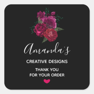 Elegant Magenta Rose Floral Bouquet Business Square Sticker