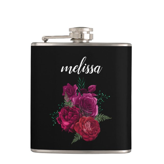 Elegant Magenta Rose Floral Bouquet Hip Flask (Front)