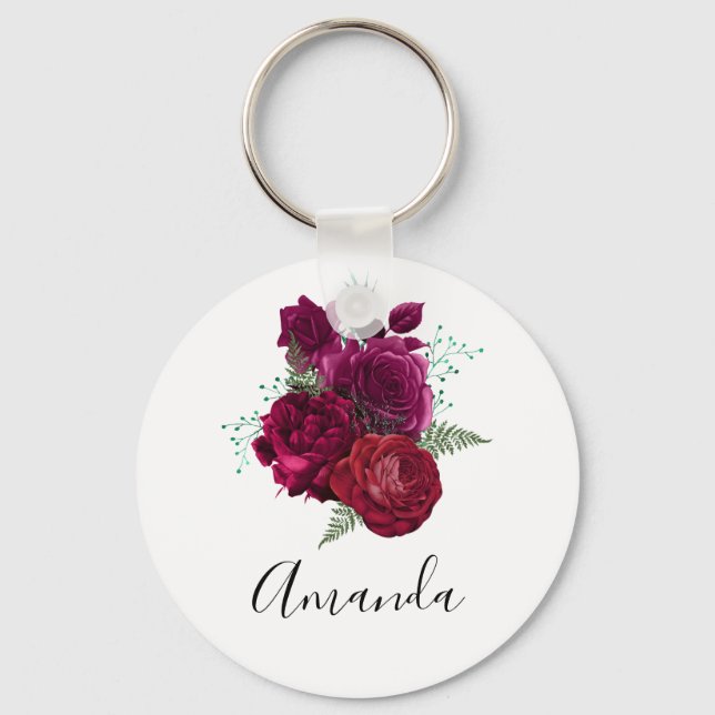 Elegant Magenta Rose Floral Bouquet Keychain (Front)