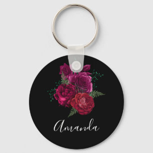 Elegant Magenta Rose Floral Bouquet Keychain
