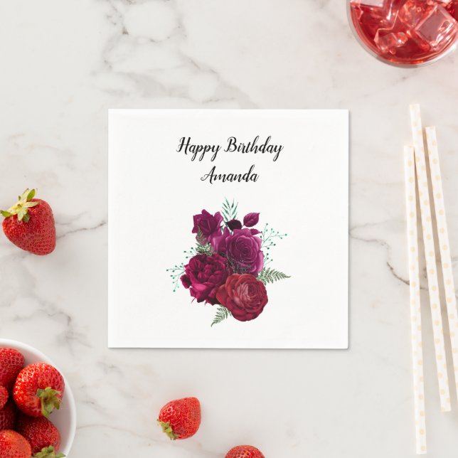 Elegant Magenta Rose Floral Bouquet Napkin (Insitu)