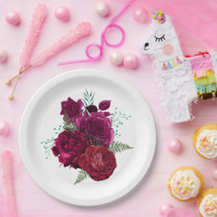 Elegant Magenta Rose Floral Bouquet Paper Plate