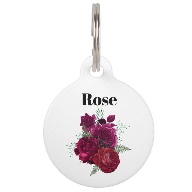 Elegant Magenta Rose Floral Bouquet Pet Tag (Front)