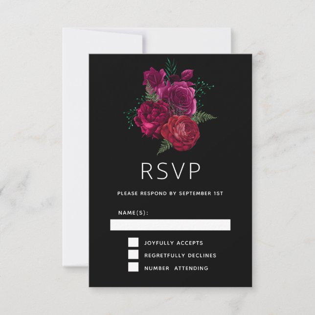  Elegant Magenta Rose Floral Bouquet RSVP Card (Front)