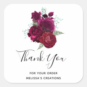 Elegant Magenta Rose Floral Bouquet Thank You Square Sticker