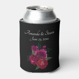 Elegant Magenta Rose Floral Bouquet Wedding Can Cooler