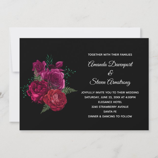 Elegant Magenta Rose Floral Bouquet Wedding Invitation (Front)