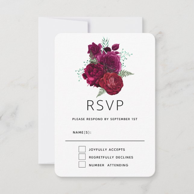 Elegant Magenta Rose Floral Bouquet Wedding RSVP Card (Front)