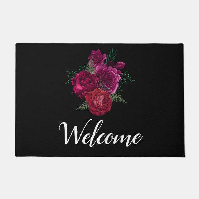 Elegant Magenta Rose Floral Bouquet Welcome Doormat (Front)