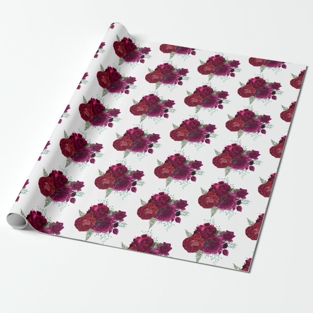 Elegant Magenta Rose Floral Bouquet Wrapping Paper (Unrolled)