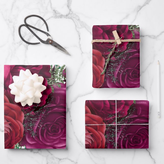 Elegant Magenta Rose Floral Bouquet Wrapping Paper Sheet (Front)