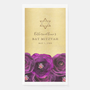 Elegant Magenta Rose Floral Gold Bat Mitzvah Napkin