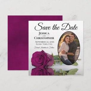 Elegant Magenta Rose on White Oval Photo Wedding Save The Date