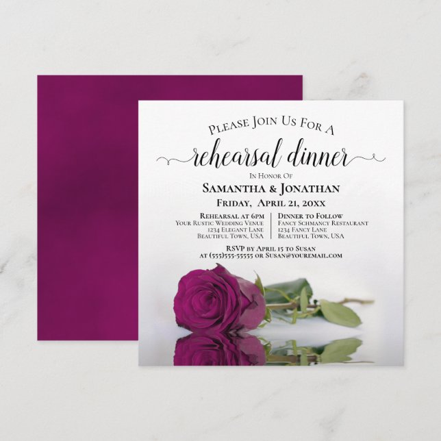 Elegant Magenta Rose Wedding Rehearsal & Dinner Invitation (Front/Back)
