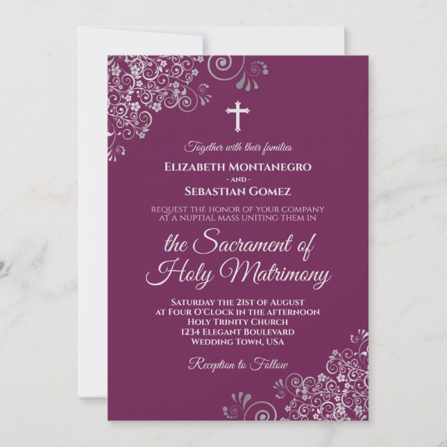 Elegant Magenta & Silver Modern Catholic Wedding Invitation (Front)