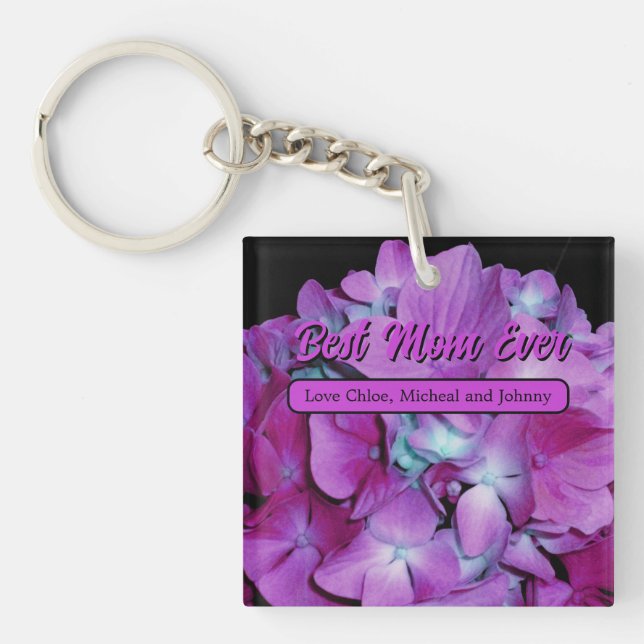 Elegant magenta teal floral romantic hydrangeas keychain (Front)