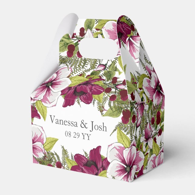 Elegant Magenta White Florals and Green Botanicals Favor Box (Front Side)