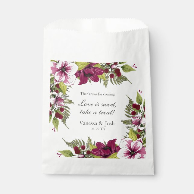Elegant Magenta White Florals and Green Botanicals Favour Bag (Front)
