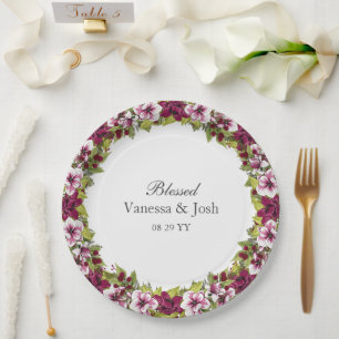 Elegant Magenta White Florals and Green Botanicals Paper Plate