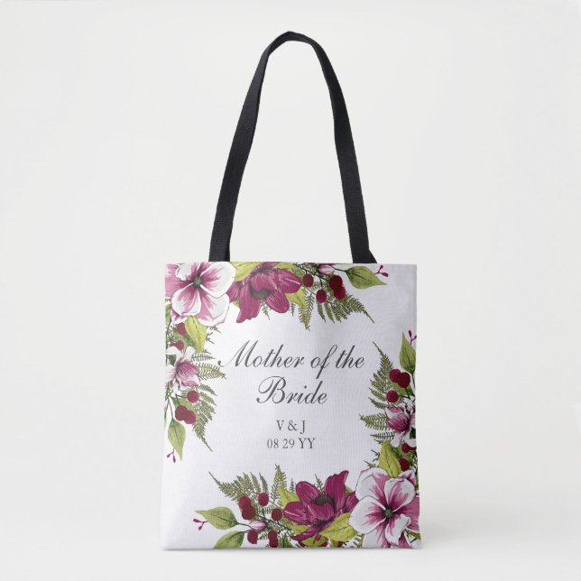Elegant Magenta White Florals and Green Botanicals Tote Bag (Front)