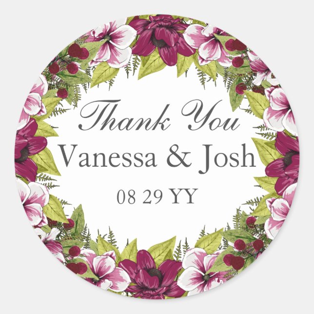 Elegant Magenta White Florals  Green Botanicals Classic Round Sticker (Front)