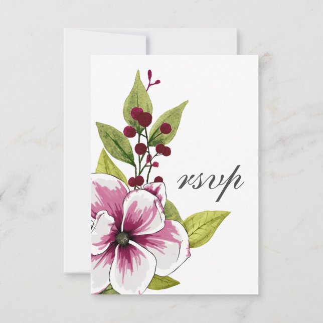 Elegant Magenta White Florals  Green Botanicals RSVP Card (Back)