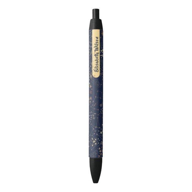 Elegant Magic Celestial Gold Blue Monogram Black Ink Pen (Front Vertical)