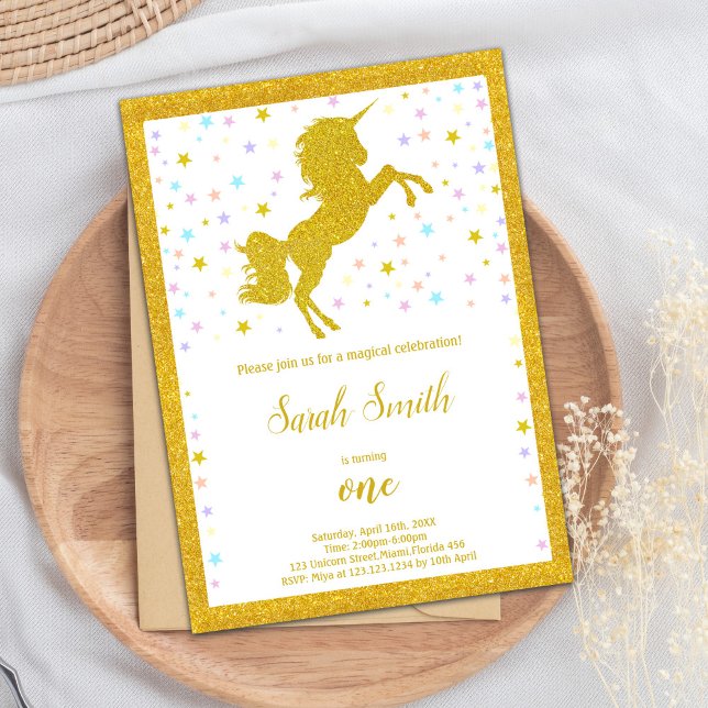 Elegant Magical Party Invite with Sparkling Detail (Golden Unicorn Birthday Invitations)