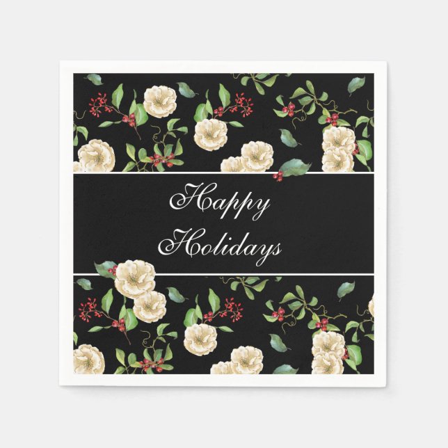 Elegant Magnolia and Berries Watercolor Napkin (Front)