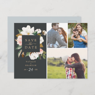Elegant Magnolia   Black 3 Photo Save the Date Invitation Postcard