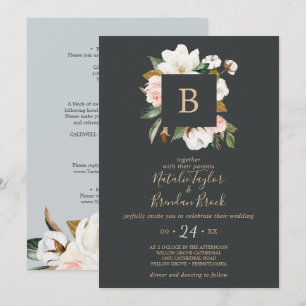 Elegant Magnolia Black All In One Wedding Invitation