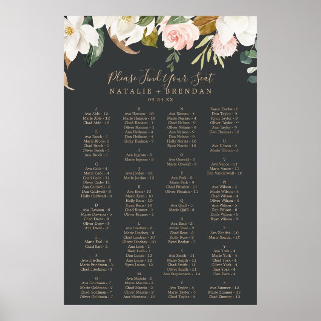 Elegant Magnolia Black Alphabetical Seating Chart (Front)