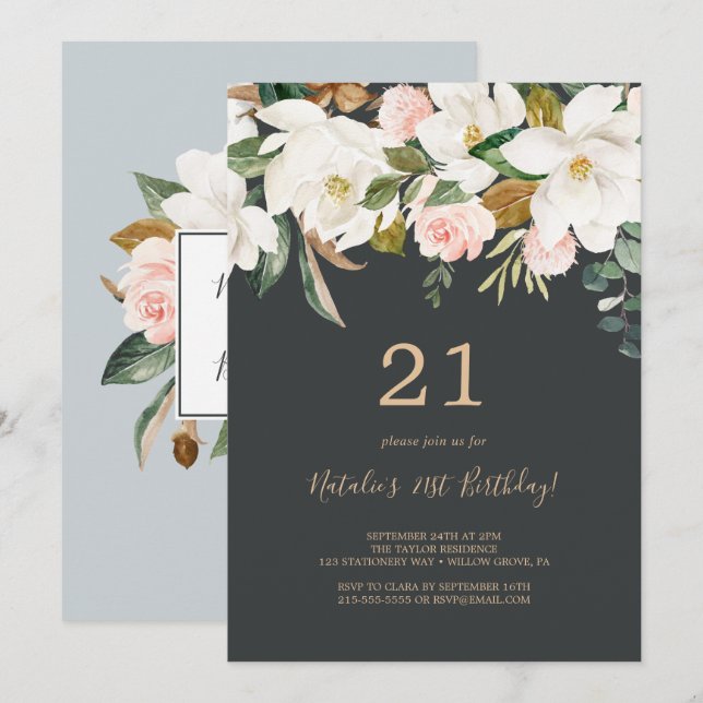 Elegant Magnolia | Black and White 21st Birthday Invitation (Front/Back)