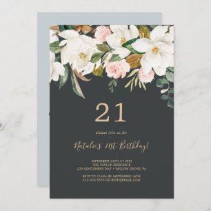 Elegant Magnolia   Black and White 21st Birthday Invitation