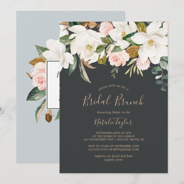 Elegant Magnolia | Black and White Bridal Brunch Invitation (Front/Back)