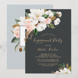 Elegant Magnolia Black and White Engagement Party Invitation