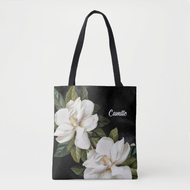 Elegant Magnolia Black and White Personalized  Tote Bag (Front)