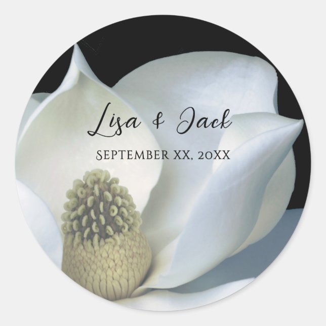 Elegant Magnolia Black and White Wedding Classic Round Sticker (Front)