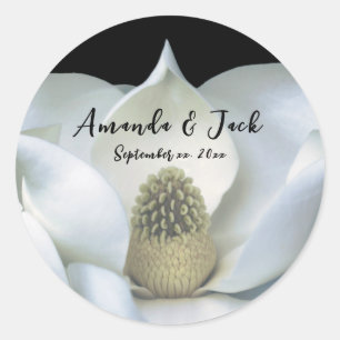 Elegant Magnolia Black and White Wedding Classic Round Sticker