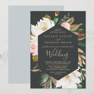 Elegant Magnolia Black and White Wedding Invitation