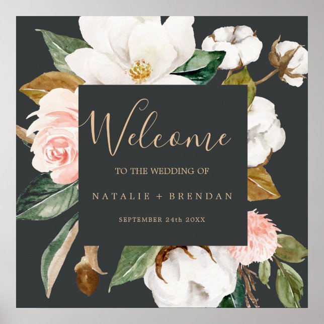 Elegant Magnolia | Black and White Welcome Wedding Poster (Front)