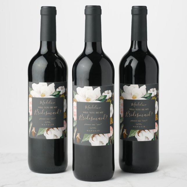 Elegant Magnolia | Black Bridesmaid Proposal Wine Label (Bottles)