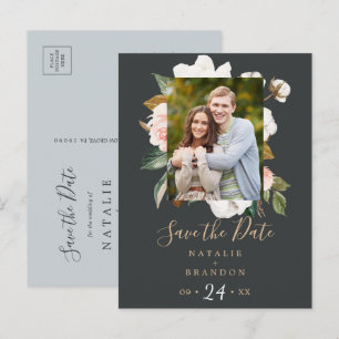 Elegant Magnolia   Black Photo Save the Date Invitation Postcard