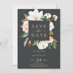 Elegant Magnolia   Black Save the Date Card