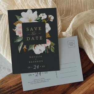Elegant Magnolia Black Save the Date Postcard
