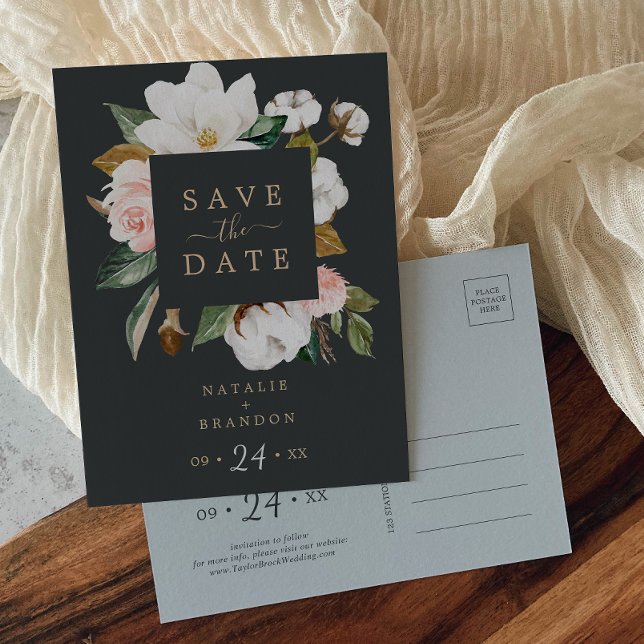 Elegant Magnolia | Black Save the Date Postcard (Creator Uploaded)