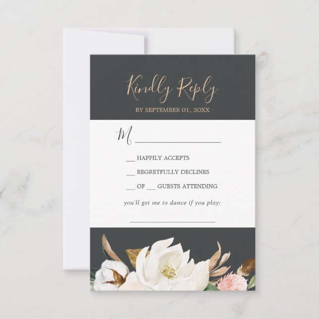 Elegant Magnolia | Black Song Request RSVP Card (Front)
