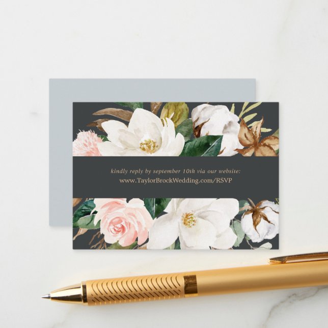 Elegant Magnolia | Black Wedding Website RSVP Enclosure Card (Front/Back In Situ)