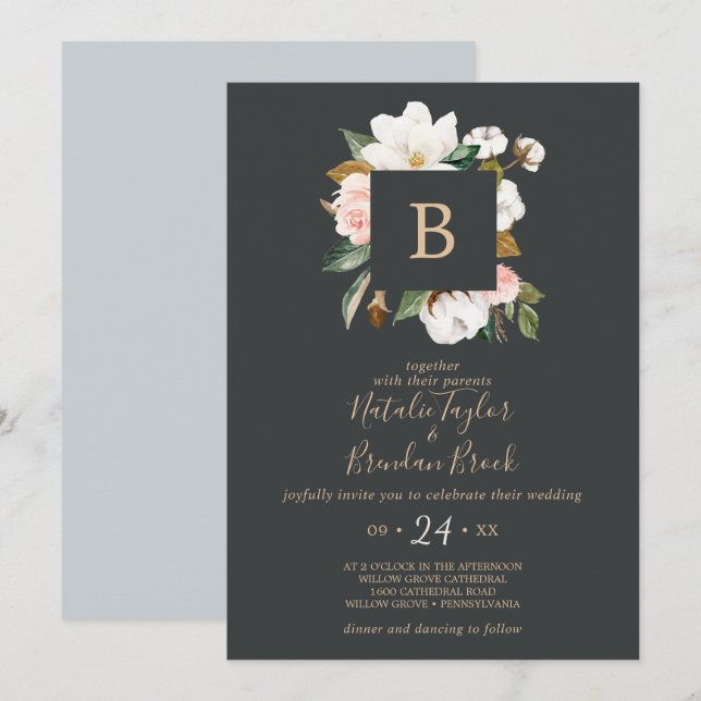 Elegant Magnolia | Black & White Monogram Wedding Invitation (Front/Back)